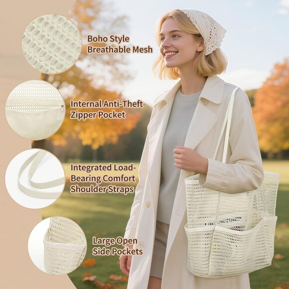 Women's Beige Beach Tote Bags Causal Pool Bags For Mom Travel Swimming Vacations - Picture 5 of 6